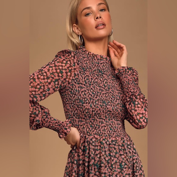 Floral Forever Green and Pink Floral Print Smocked Skater Dress - Picture 2 of 3